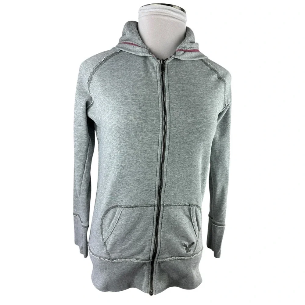 Y2K American Eagle Gray Full Zip Hoodie Women's Large Fleece Lined 2000s Preppy - Picture 16 of 16